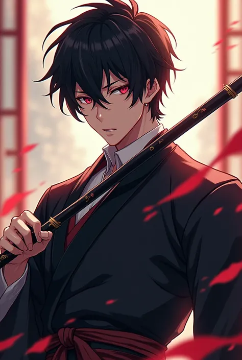  male anime character , Black Ash Hair,  eyes color red mixed with black, strong, intelligent, proud look , strategist ,  dressed as a samurai gentleman , with spear