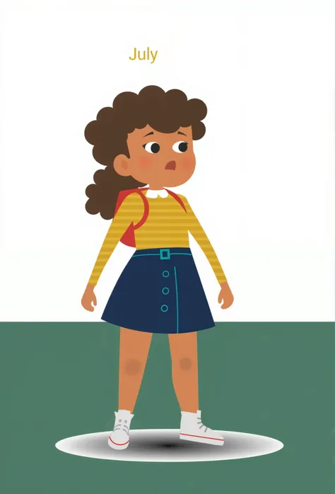 A flat and minimalist style image of a  Black girl with long, curly hair tied back. She is wearing a yellow long-sleeve shirt with moss green stripes, a red backpack on her back, a denim skirt, and white sneakers. She appears startled.