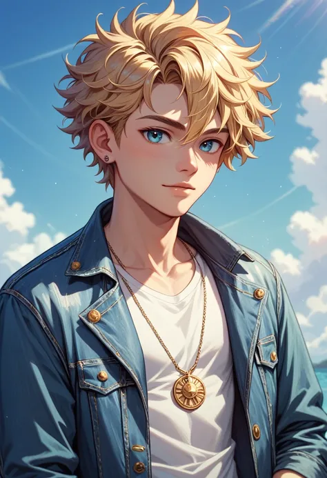 nude laid-back young man with messy blonde hair and soft curls, dressed in a pastel button-up shirt under a casual denim jacket