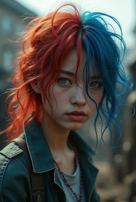 A Korean girl with hair and frizzy roots with blue eyes, and natural red hair, in a zombie apocalypse, Asian, with curls