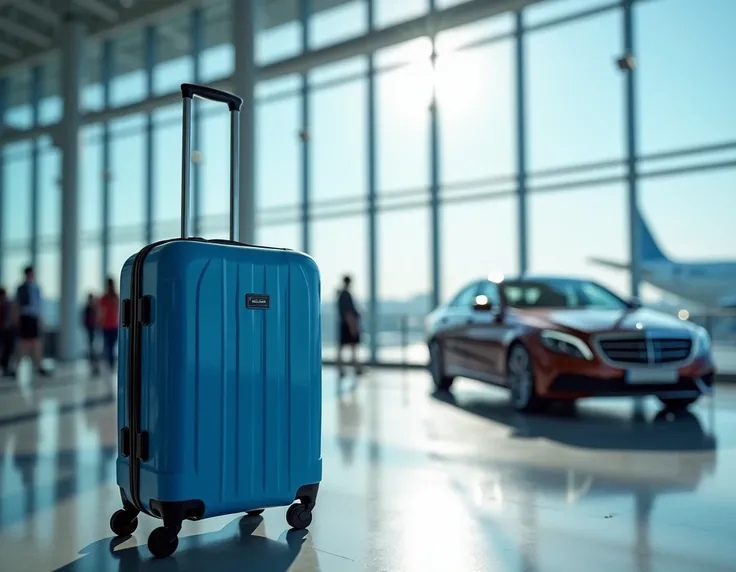  Create an image with the elements : A blue suitcase , airport, plane,  in Buenos Aires and a waiting car 