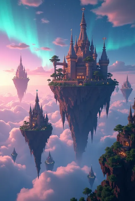 kingdoms floating in a beautiful sky that have minecraft style, cinematic colors