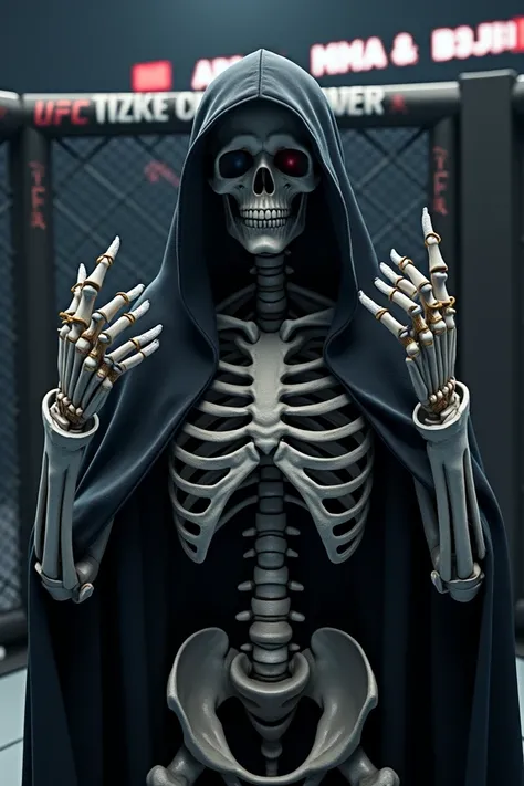  Image of a skeleton with a hood and white bandages, behind a UFC cage and that puts Titans Arganda MMA  & bjj