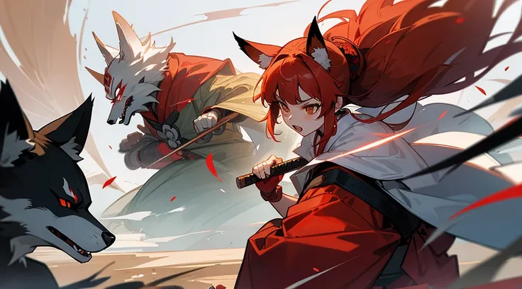 A group of samurai confronting a shrine maiden dressed as a fox spirit.　、battle　、Sacred fantasy style