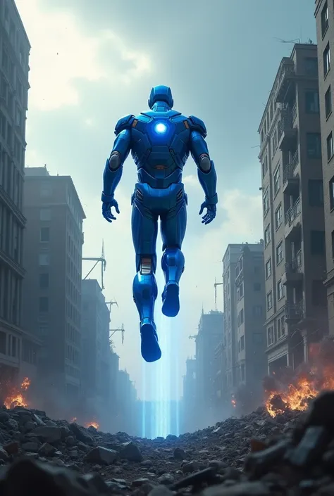 Iron Mans blue suit takes off against the background of a destroyed city 