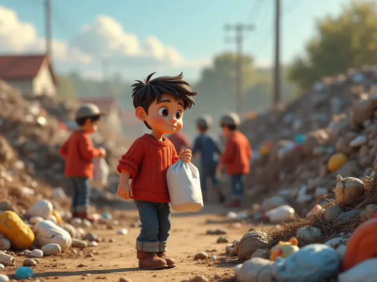 René  boy ,  short sleeve red sweater , and many people,  teenager, And the elderly are picking up food at the dump, lots of trash. 3D style disney