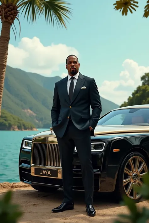 Here is the AI-generated 4K image of Jay-Z standing beside his luxurious Boat Tail Rolls-Royce in a realistic setting.

