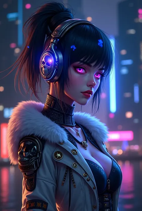 Crie uma  female character  ambientada em um cenário futurist de estilo cyberpunk,  presenting advanced technological features and a striking look .  She has black hair with patches of intense blue ,  in addition to using cybernetic headphones that emit ne...