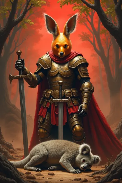 An armored Spartan kangaroo sticks his sword into an armored body and his head is a tangerine  , next to him under a tangerine tree and a koala in armor dying with a sword stuck in his chest the sky is red