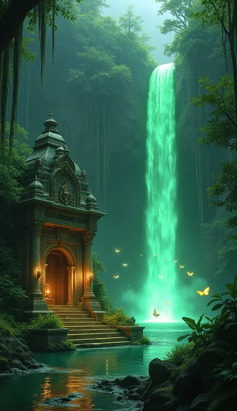 The highest quality, an ancient temple hidden in a fantastical forest. A waterfall emitting green light and glowing butterflies fluttering around.