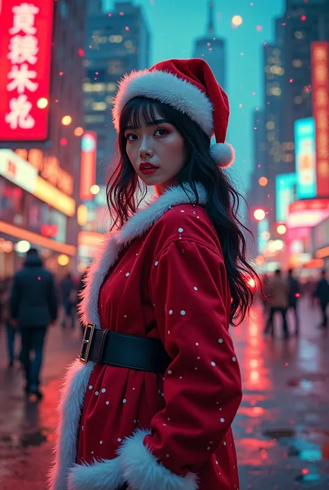 ((masterpiece, Highest quality)), (((whole body :1.5))), 32K Wallpapers, Very detailed, Poster, (((geometric cinematic movie Poster))), colorful comic book pulp art, pop art, beautiful hot cute super stylish thai female, standing in New York Christmas fest...