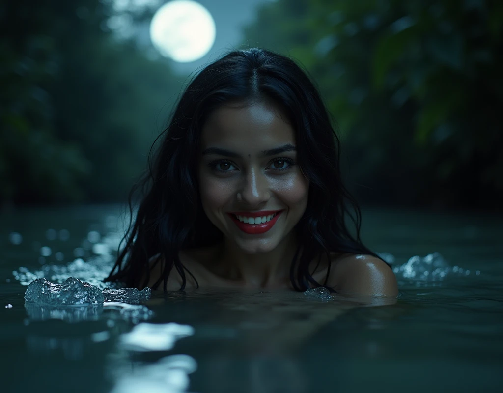 (dark jungle ambience) (horror dark effect) (full body) four beautiful indian beautiful girls bathing in lake filled with white water liiey, full moon night, smiling expression, seductive, detailed face, detailed eyes, detailed red lips, cleavage, night li...