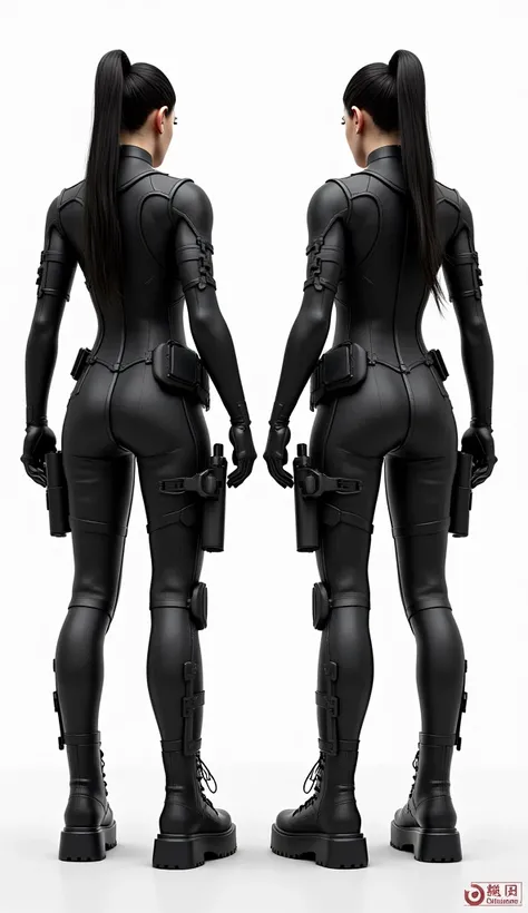 Three views of a female character in a futuristic tactical suit are presented against a plain white background, showcasing the sleek design and intricate details from left to right. The left view captures the back of the character, revealing a fitted black...