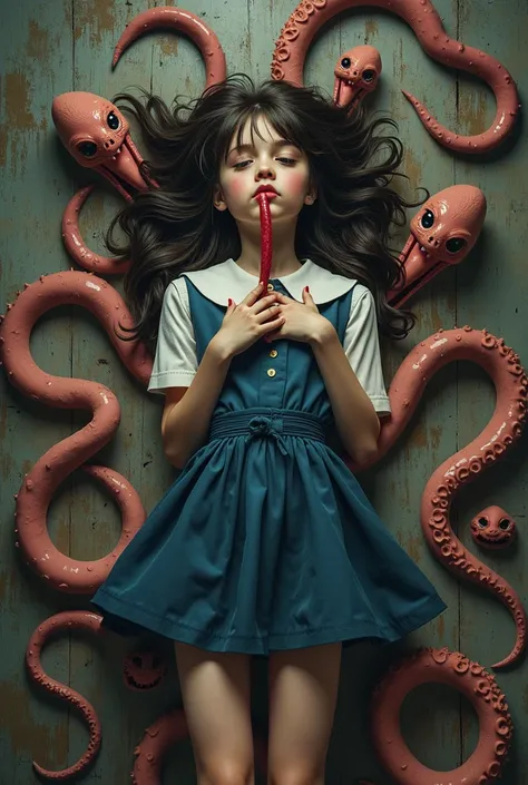 a girl laying on the floor and gettting licked by monster,tentacles,and snakes and hands are tied to tentacles girl is school age in school dress tight,tentacles are licking her chest and sucking her lips