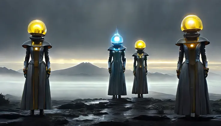 A group of six futuristic humanoid figures stand in a desolate, barren landscape under an overcast sky. Each figure wears a large, spherical metallic helmet with a single bright yellow circular light emitting from its front, creating a striking focal point...