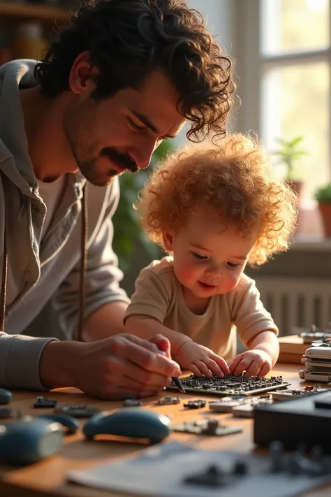 Blonde curly haired baby assembling computer parts with father curly black hair and mustache