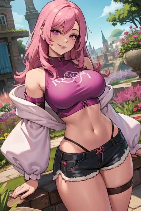 Perfect face. Perfect hands. A pink haired woman with violet eyes with an hourglass figure in a crop top t-shirt and tight shorts is sleeping  in the garden with a big smile