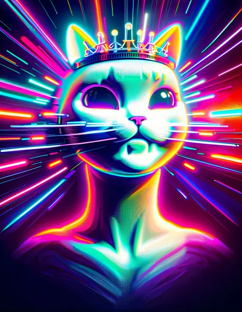 RGB color shift, chromatic aberration, RGB shift, Video glitch photo effect, Color noise texture, Video-like noise processing. Highly detailed romantic retro pop background, vaporwave style. A retro head crown cat girl with a pretty face, straight bangs ar...