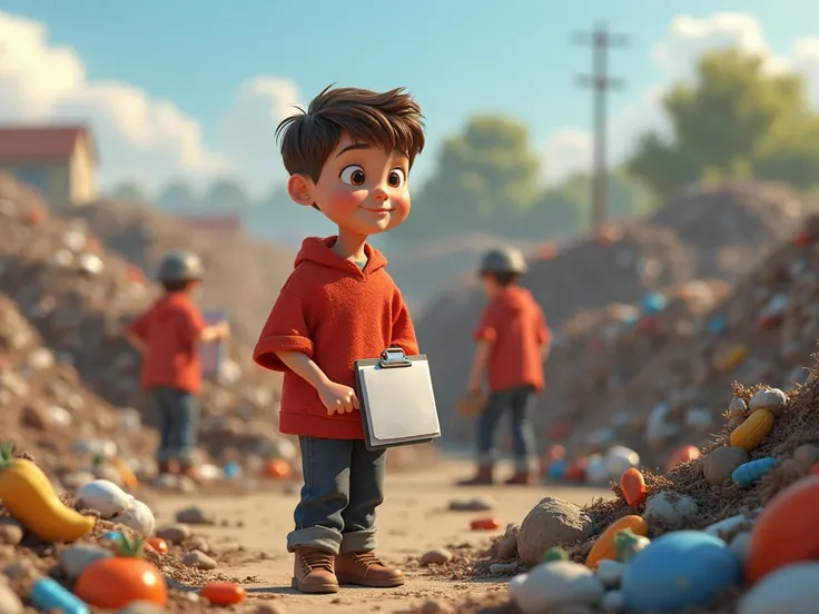 René  boy ,  short sleeve red sweater ,  with folder in your hand, Pick up trash , and many people,  teenager, And the elderly are picking up food at the dump, lots of trash. 3D style disney