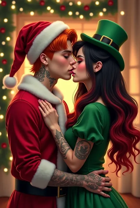  Young Spaniard with orange hair , grey eyes,  with tattoos and rings dressed as a Santa ,  kissing a Korean woman with black hair with red extensions, grey eyes,  abundant eyelashes and thick pink lips , dressed as a leprechaun ,  interior decoration of t...