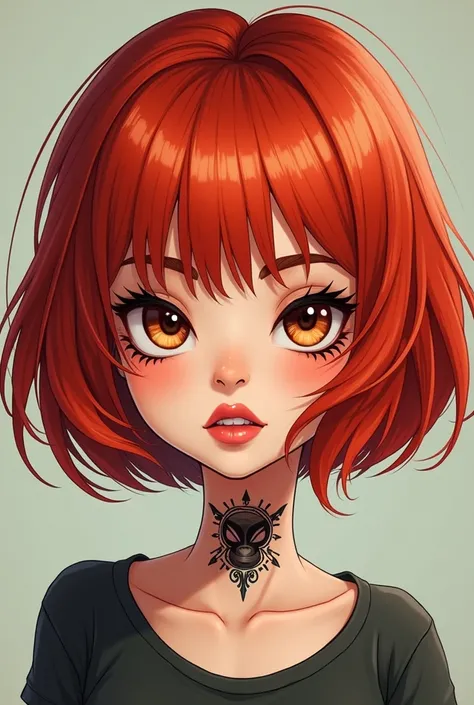 (Cartoon 1.2),beautiful girl with red short bob hair with a neck tattoo and hazel eyes