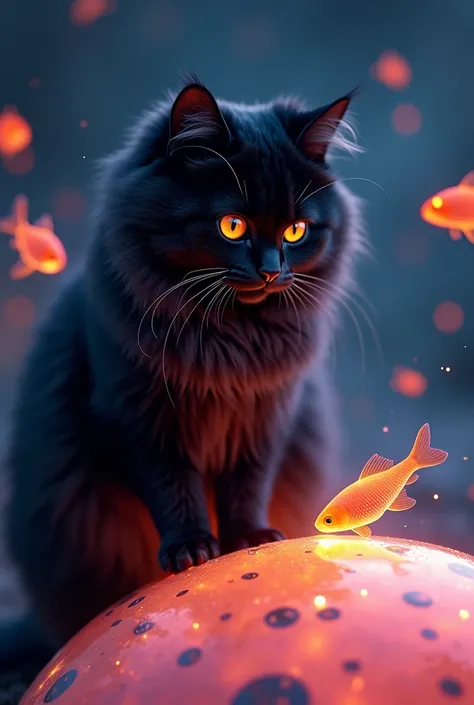 Create a hyper-realistic video of a fluffy black Siberian cat with vivid yellow eyes, perched gracefully on a small glowing planet in the vastness of space. The cat’s fur is meticulously detailed, reflecting soft, realistic lighting, and the planet’s surfa...