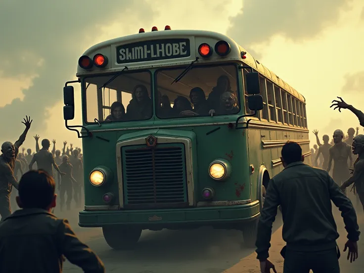 group trapped on a bus surrounded by zombies.