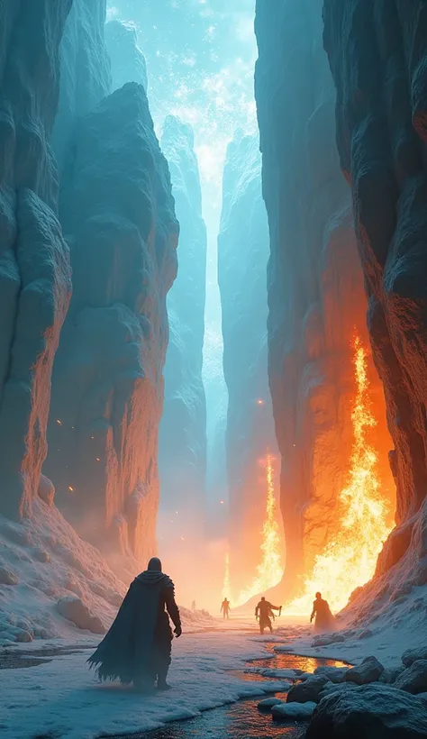 The highest quality battlefield where ice and fire intersect. Pale blue ice walls clash with blazing pillars of fire, and intense energy bursts in the air.