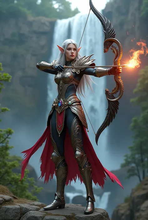 Surreal　Highly detailed　Ultra fantasy　Definite details　Ultra high resolution　8K 3D　Light eyes　Silver hair　Perfect anatomy　elf warrior woman tall, slim body　Nice, textured, Intricately designed armor　pauldrons Dragon heads on both shoulders　Mechanical engin...