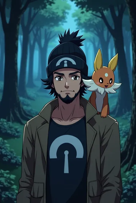 en version anime, un homme avec une barbe et un bonnet noir avec un arc-en-ciel blanc comme marque sur le devant du bonnet, avec le pokémon feunard chromatique sur lépaule, le tout dans une forêt de nuit, et un bonnet, pas une casquette 