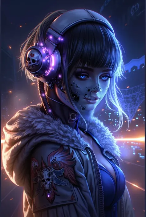 Crie uma  female character  ambientada em um cenário futurist de estilo cyberpunk,  presenting advanced technological features and a striking look .  She has black hair with patches of intense blue ,  in addition to using cybernetic headphones that emit ne...