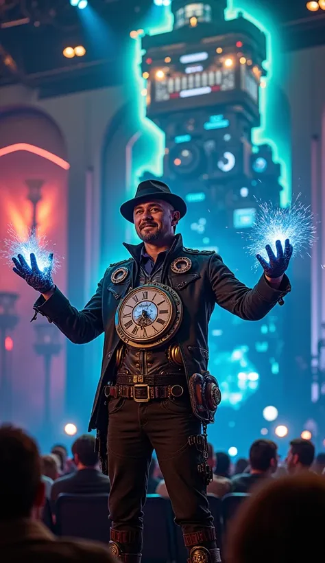 An extraordinary scene featuring The Time Traveler performing on the Americas Got Talent stage. The performer, dressed as a steampunk inventor, wears a detailed costume with brass gears, leather straps, and glowing blue tubes running through the outfit. Hi...