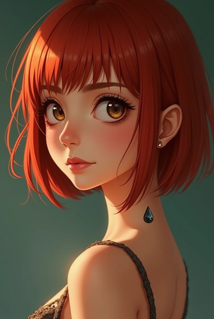 (Human 10.20),beautiful tan skinned girl with red short bob hair with a water drop neck tattoo and hazel eyes