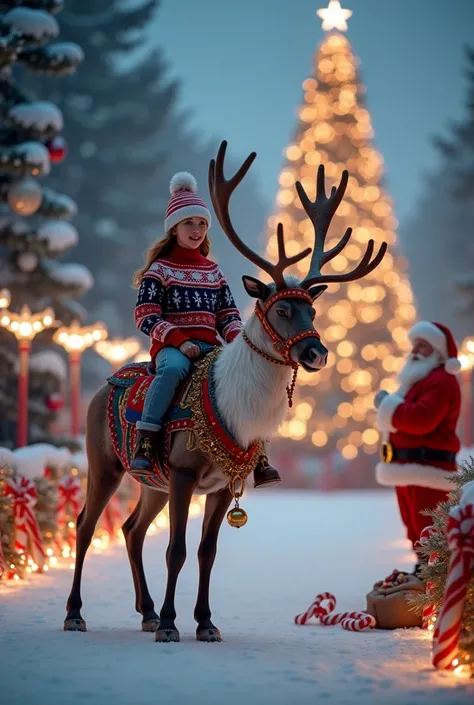 a charming   wearing a festive Christmas sweater, intricately knitted with patterns of stars, stripes, and snowflakes in the colors of the USA flag: red, white, and blue, paired with cozy winter pants and boots. The  is riding gracefully on the back of a m...