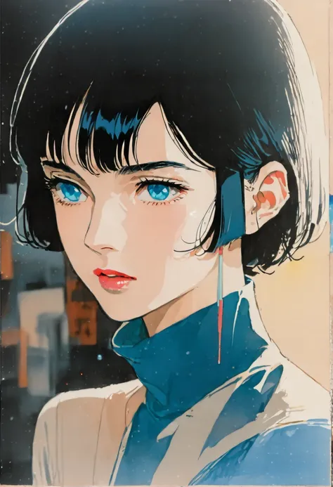 1 beautiful woman、black turtle neck shirt、upper body, over-the-shoulder look, dynamic angle, detailed face, beautiful blue eyes, detailed lips, pale skin, medium black hair, partial blunt bangs, Perfect Anatomy, Art、ad、Low saturation, color pencil drawing、...