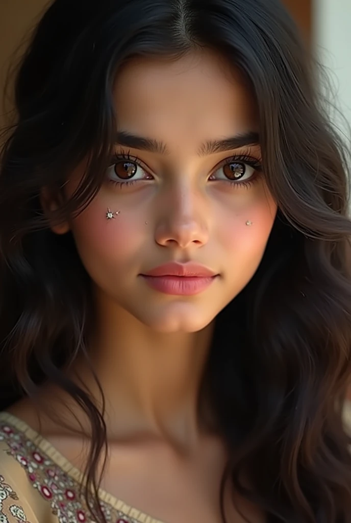 pakistani girl from lahore, dusky skin, dark brown big doe eyes, pretty lashes, button nose with straight high nose bridge, big heart lips, high cheekones not very rounded oval face, black wavy hair,5feet 2 inches tall   