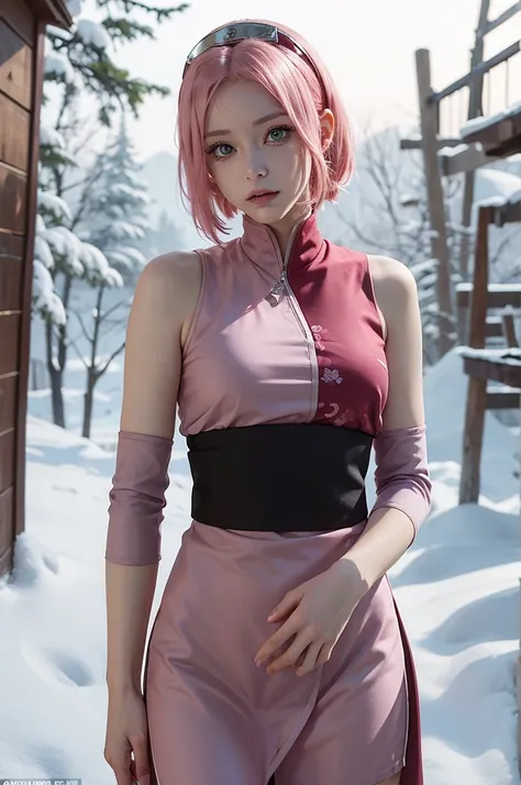 "A 25-year-old woman cosplaying as Sakura Haruno, wearing her pink short-sleeve dress with a red swirl design on the back, along with the Konoha headband. Her pink hair is styled in a medium-length bob, and she has a gentle yet serious expression. The came...