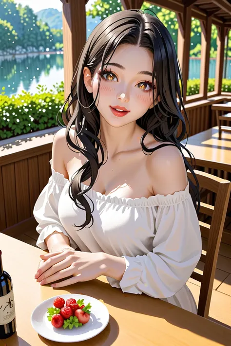 1 Japanese female, charming, slender face, long nose, long hair, black hair, glossy lips, red lips, bright pupils, natural makeup, blush, looking at viewer, put elbow on table, beautiful hands, beautiful fingers, off-shoulder shirt, sitting on chair, laugh...