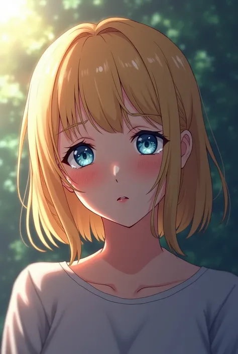 Anime girl with blonde hair and blue eyes crying 