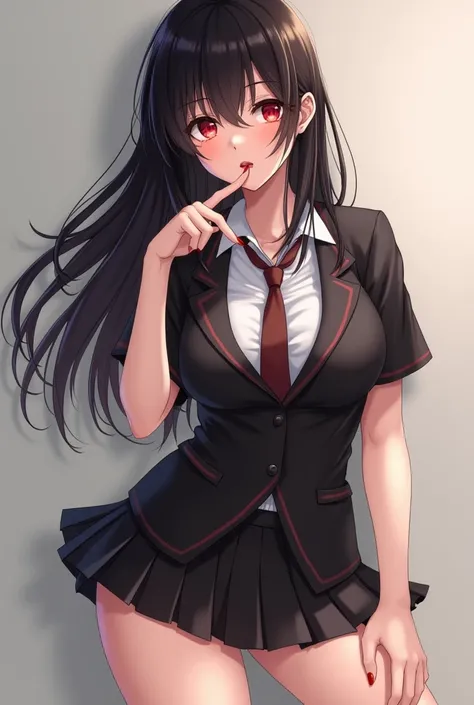 Girl with long black hair, red eyes, en pose sexy,  big breasts, sexy thighs, Touch her legs , short skirt,  wearing a very short black school uniform, brown tie , short sleeve, with a finger on his lips  