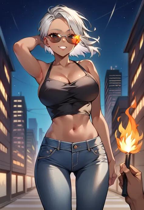 (one girl with dark skin:1.4), short messy hair, light grey hair, wind blowing, black eyes,big breasts,flaming eyes, forehead, light smile, naughty face, sunglasses, low-cut shoulderless black navel, denim jeans, standing,standing,hands behind head, city a...