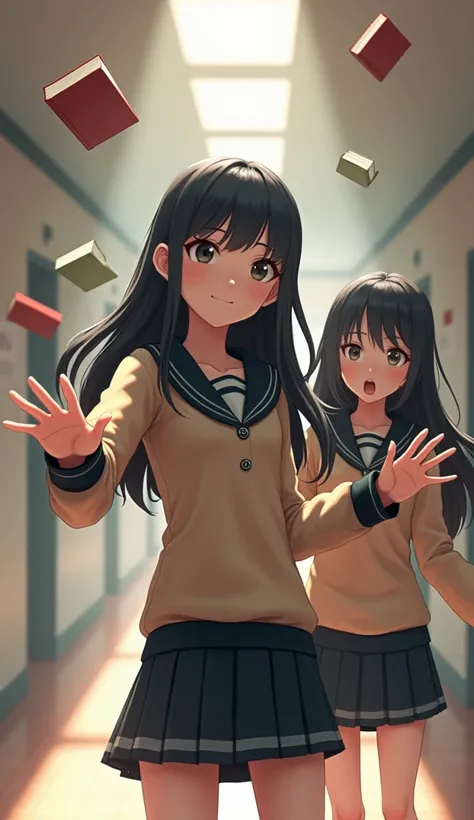 Create a 3D realistic image with 9:16 aspect ratio depicting  a young woman  with long dark hair , reaches out her hand as if controlling or catching books that are floating mid-air in a school hallway. Behind her, another young woman, looks surprised or a...