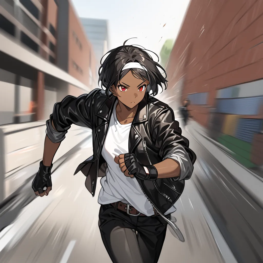 High School Girl 、 Black Hair 、 Red eyes, Dark Skin Tone, short hair, (( black leather jacket with rolled up sleeves)), ((white headband)), opens a jacket, white t-shirt, Fingerless gloves, Brown belt, black pants、Running at full speed through the schoolya...