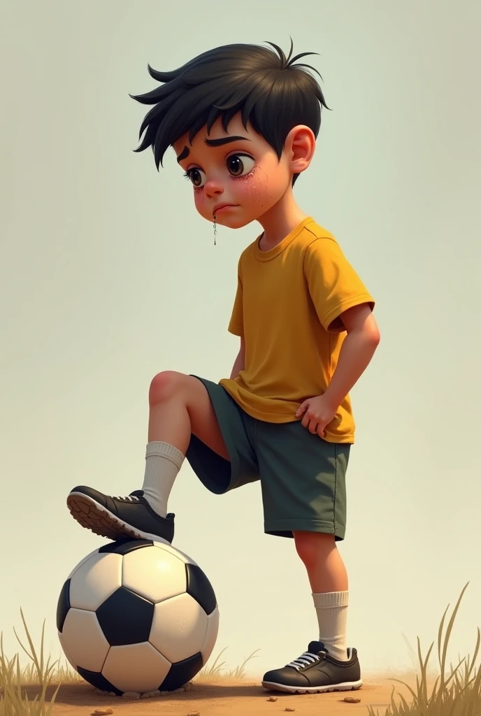 Image of a boy with one foot on a ball and crying