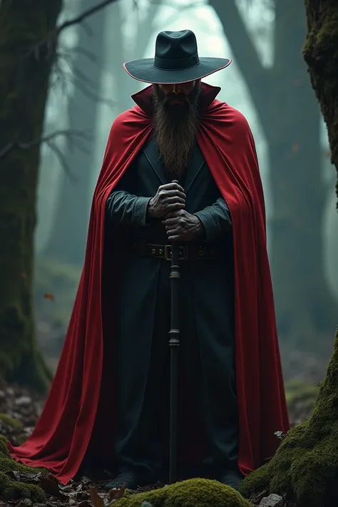  Hairy man in a black hat with a red line, wearing a red cape around his back covering his chest ,  holding a black cane in the middle of the dark forest 