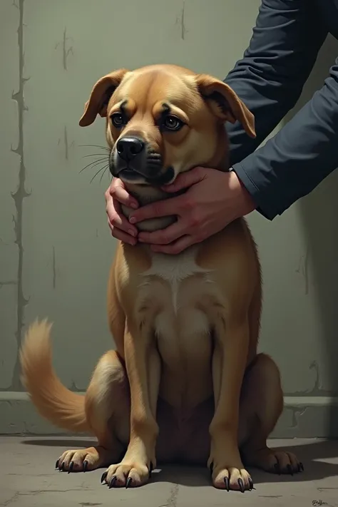 A dog is held by the neck