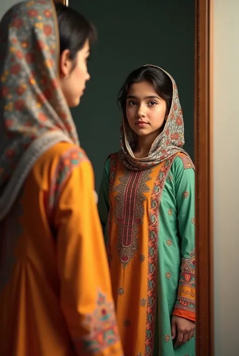 a girl wearing hijab wearing pakistani khameez posing infront of the mirror