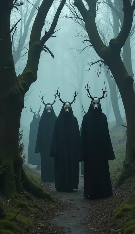 In a dark, mist-filled forest, a group of ominous robed figures walks silently along a narrow, winding path. Each figure is cloaked in black, their faces obscured by haunting white masks with long, curved horns resembling twisted antlers. The masks are exp...