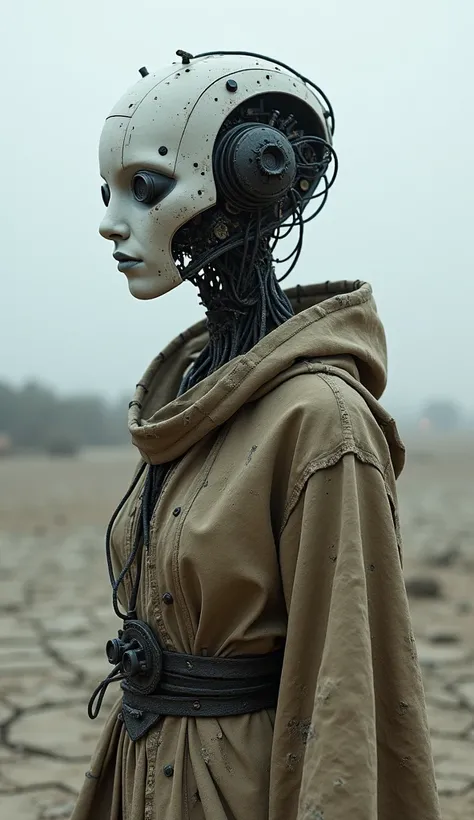 Generate a hyper-realistic image of a humanoid robot standing in a desolate, post-apocalyptic landscape. The robots head is an intricate assembly of mechanical parts, wires, and sensors, giving it an unfinished, raw appearance. Its face features various co...