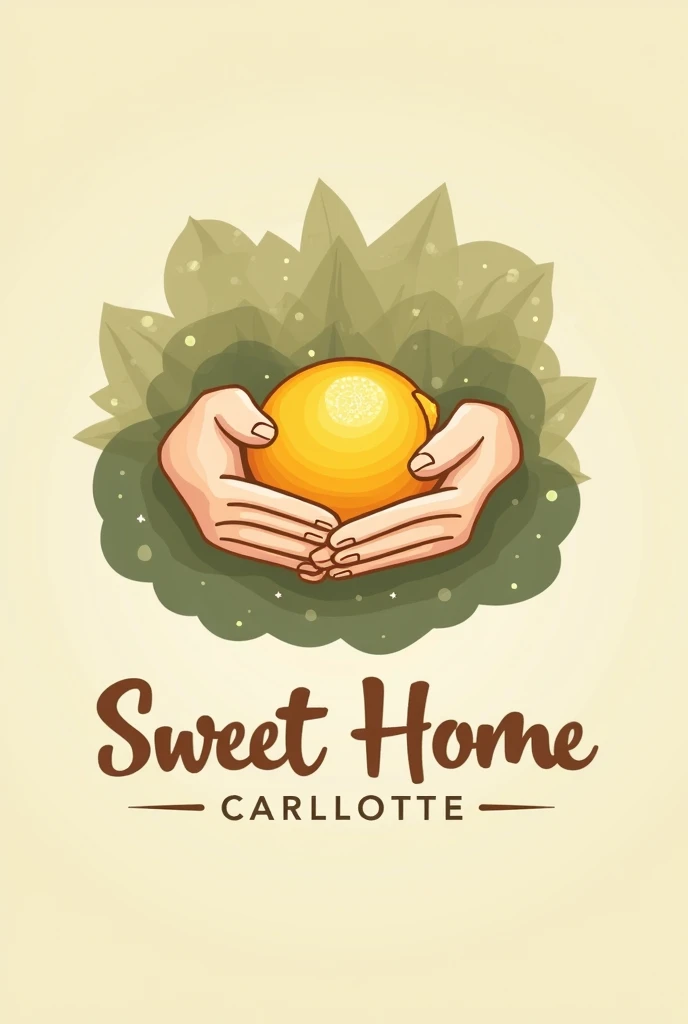 Logo for a business that sells lemon carlottes for dessert, that transmits the traditional and familiar, Some arms hugging the dessert,  in a range of green colors , peach and coffee ,  with the name  "sweet home"